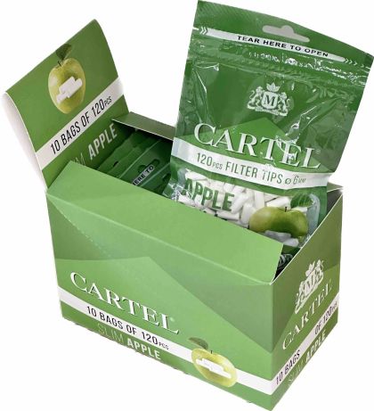 Green Apple Flavoured Filter Tips CARTEL SLIM 6/15 mm x 120 pcs x 10 bags in Display